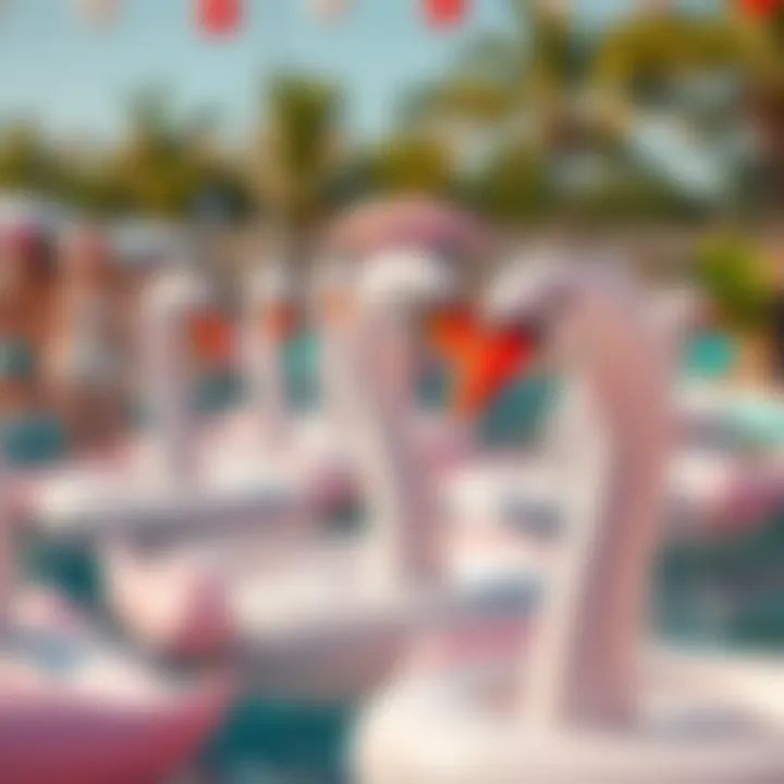 Trendy swan pool floats arranged at a vibrant summer party