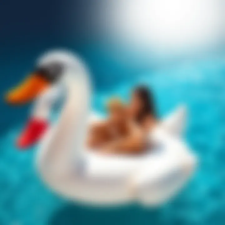 Family enjoying a sunny day on a swan float in a pool