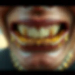 Intricate design of 18k gold dental adornment