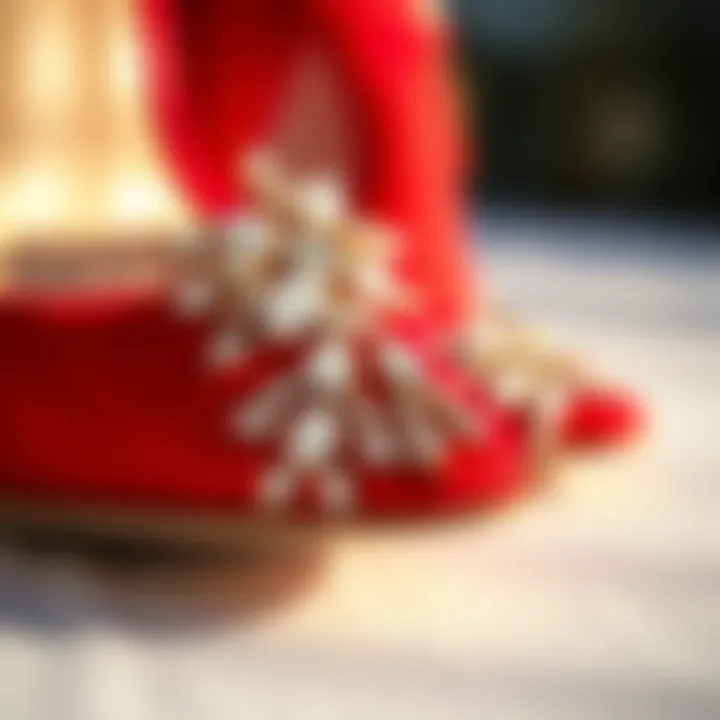 Close-up of rhinestone details on a glamorous red heel