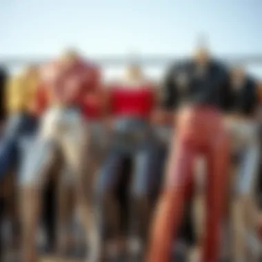 A group of diverse styles of shiny high-waisted pants on display.