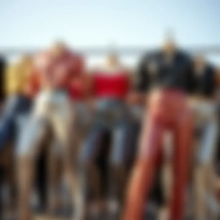 A group of diverse styles of shiny high-waisted pants on display.