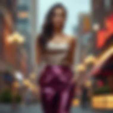 An elegant outfit featuring shiny high-waisted pants styled for a formal event.