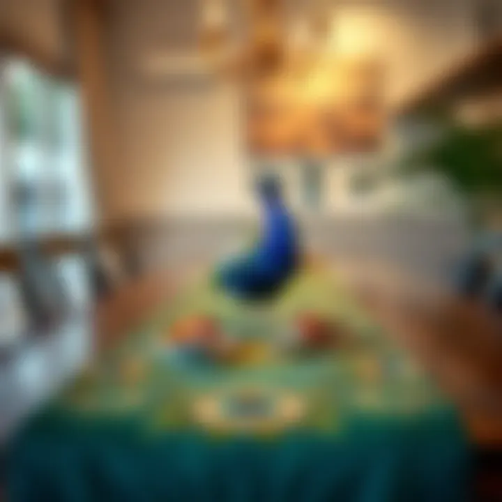 Artistic Display of a Peacock Table Runner Artistic display of a peacock table runner on a dining table