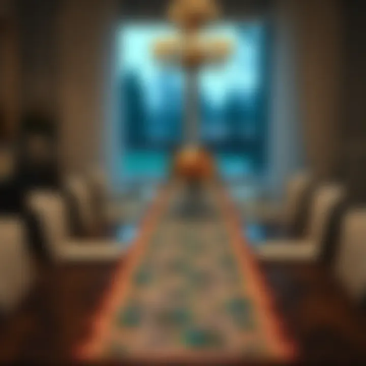 Elegant Dining Setting with Peacock Table Runner Elegant dining setting featuring a peacock table runner