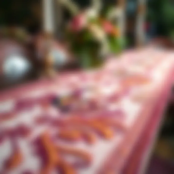 Intricate Peacock Motifs on Table Runner Close-up of intricate peacock motifs on a luxurious table runner