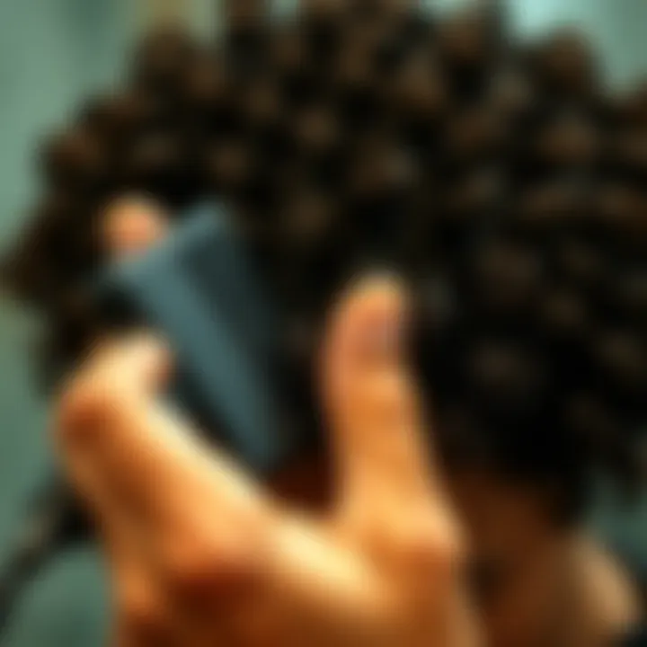 Hot Combing Technique in Practice Close-up of a hot comb being utilized on textured hair