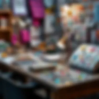 A creative workspace filled with colorful jewel stickers and design materials.