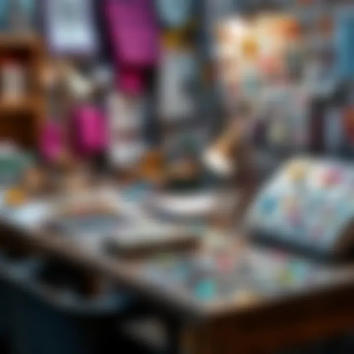 A creative workspace filled with colorful jewel stickers and design materials.