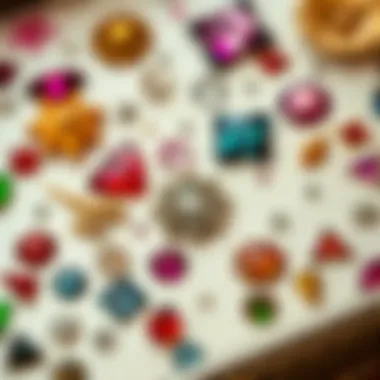 A decorative surface adorned with an array of jewels stickers.