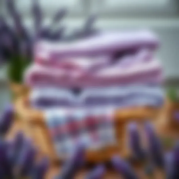 Lavender kitchen towels folded neatly in a rustic basket
