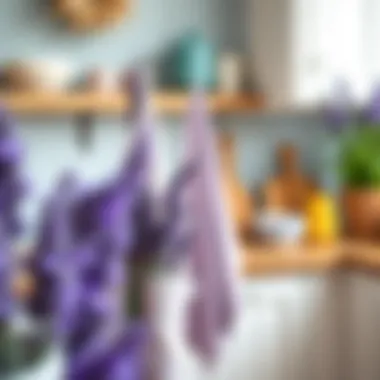 Stylish kitchen setting featuring lavender towels against vibrant decor