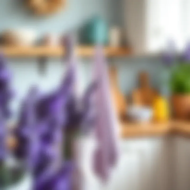 Stylish kitchen setting featuring lavender towels against vibrant decor