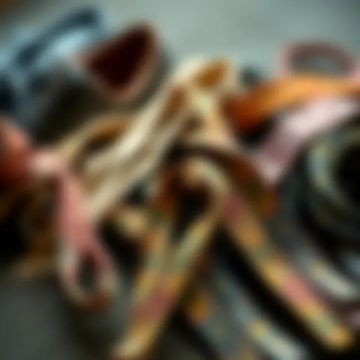 A collection of paisley shoelaces in various colors and materials displayed aesthetically