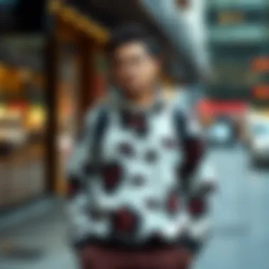 A fashionable individual wearing a cow print fleece pullover in an urban setting