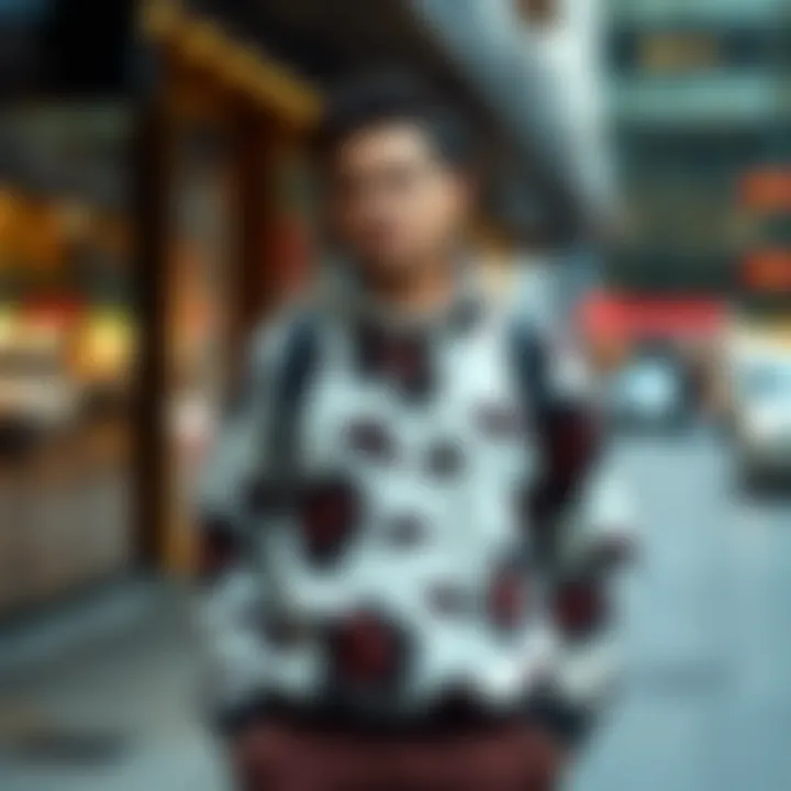 A fashionable individual wearing a cow print fleece pullover in an urban setting