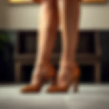 A stylish outfit complemented by brown satin heels