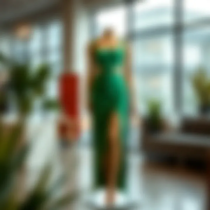 Fashion trend display showcasing green cut out dress in a modern setting