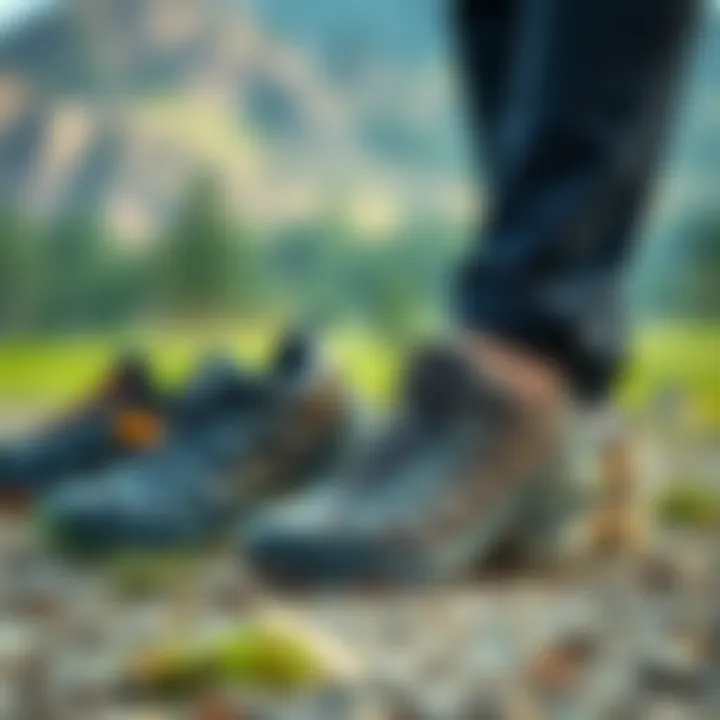 Different models of anti-slip hiking shoes displayed outdoors