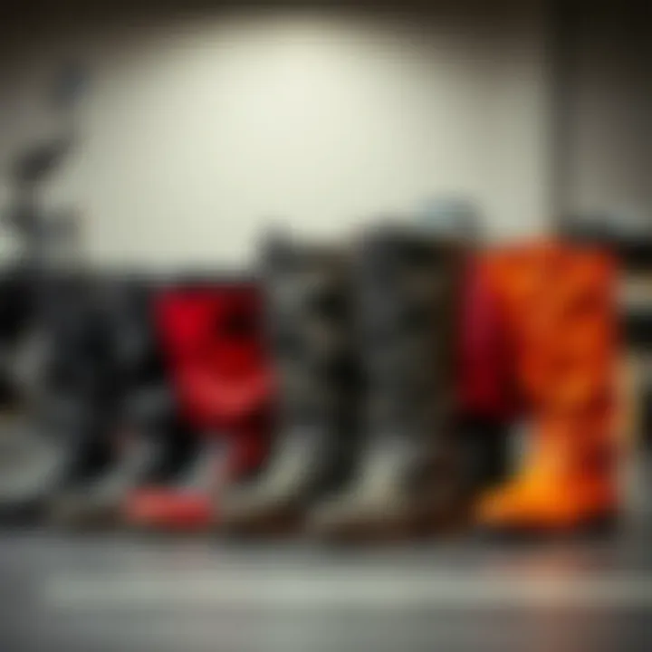 A variety of motorcycle boot covers arranged by design and color