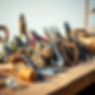 A collection of various knot tying tools arranged neatly on a wooden surface