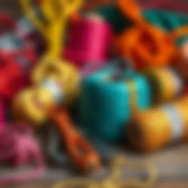 An assortment of colorful threads and cords used with knot tying tools for crafting