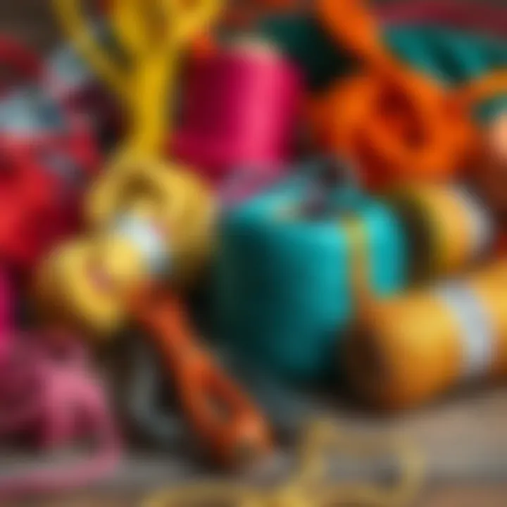 An assortment of colorful threads and cords used with knot tying tools for crafting
