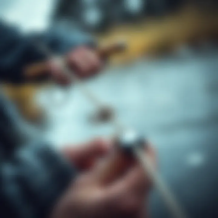 An outdoor scene demonstrating the practical application of knot tying tools in fishing