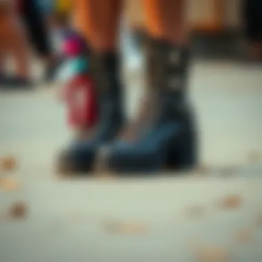 An artistic representation of studded platform boots with cultural motifs and elements