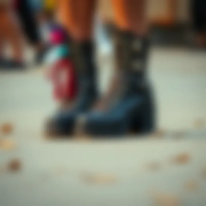 An artistic representation of studded platform boots with cultural motifs and elements