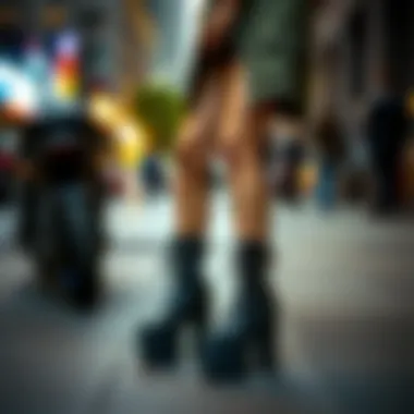A fashionable individual wearing studded platform boots in an urban setting