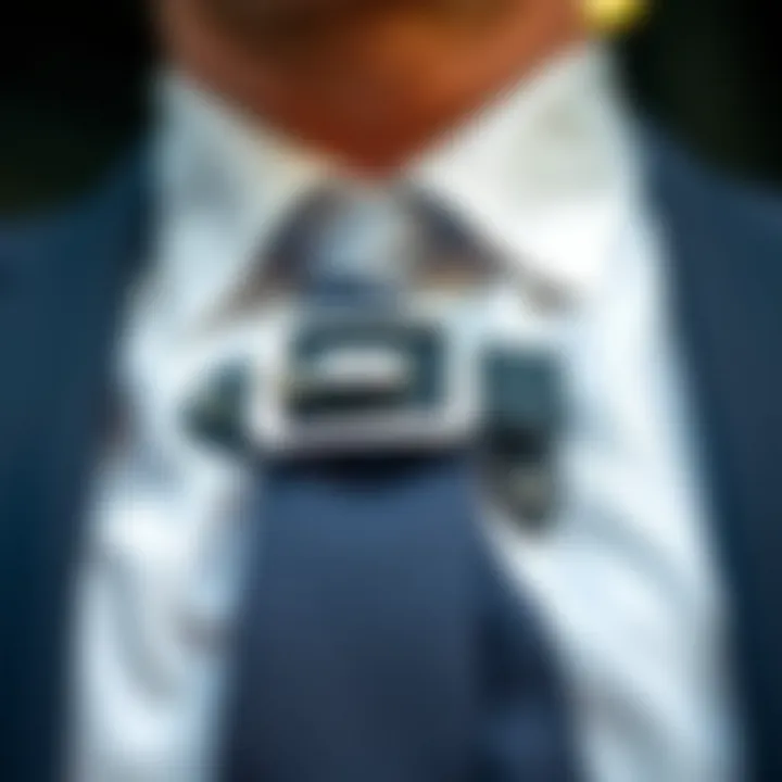 A modern metal buckle on a stylish suit, reflecting contemporary design trends.