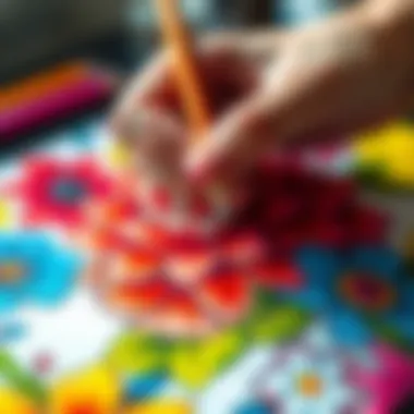 A close-up of bright colors being applied to a floral design, illustrating the joy and satisfaction of creative expression
