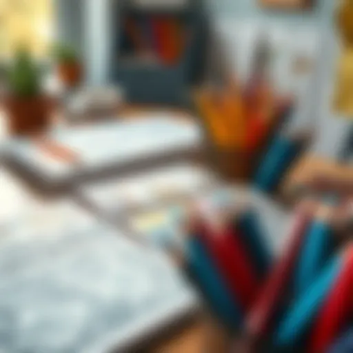 A serene workspace with adult coloring books and vibrant colored pencils, showcasing creativity and tranquility