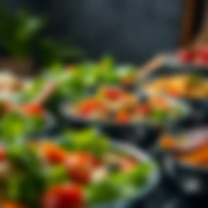 A variety of fresh salads displayed in stainless steel bowls