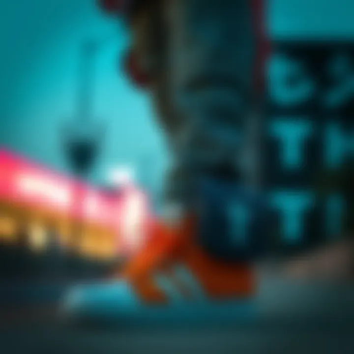 A fashion-forward individual showcasing bold outfit choices complemented by unique shoelaces