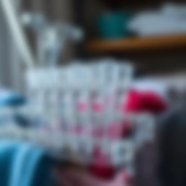 Organized home space showcasing items held together by clear clothespins.