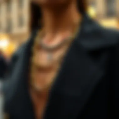 Stylish metal chain lanyard draped elegantly over a designer outfit