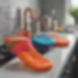 Colorful mini silicone oven mitts arranged on a kitchen counter
