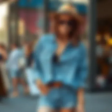 Fashionable Ensemble with Ripped Denim A fashionable ensemble featuring a ripped denim shirt paired with complementary accessories and bottoms.