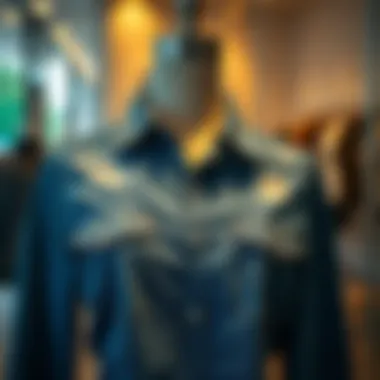 Stylish Ripped Denim Shirt Display A stylish ripped denim shirt elegantly displayed on a mannequin, showcasing its texture and design.