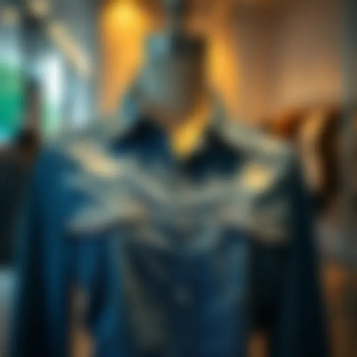 Stylish Ripped Denim Shirt Display A stylish ripped denim shirt elegantly displayed on a mannequin, showcasing its texture and design.