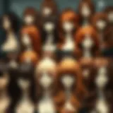 A variety of brown wigs displayed on mannequin heads