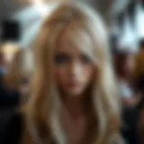 Close-up of blonde wig with brown highlights showcasing depth and texture