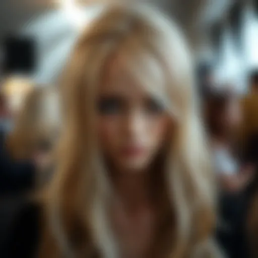 Close-up of blonde wig with brown highlights showcasing depth and texture