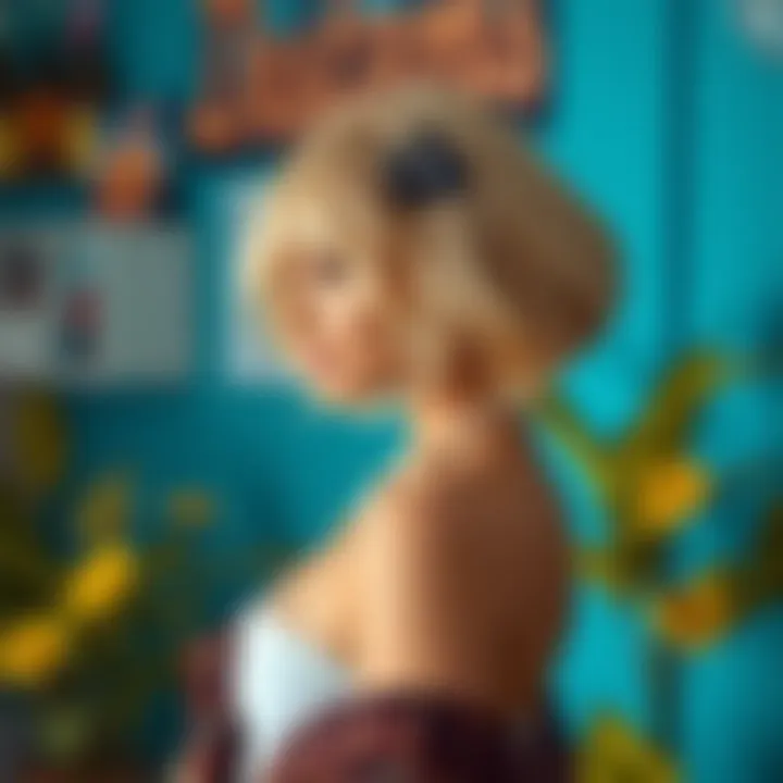 Model styled with a blonde wig featuring brown highlights in a vibrant setting