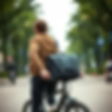 A stylish man carrying a waterproof messenger bag while biking
