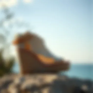 Elegant wrap around espadrille wedges on a natural backdrop