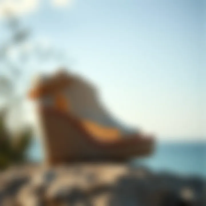 Elegant wrap around espadrille wedges on a natural backdrop